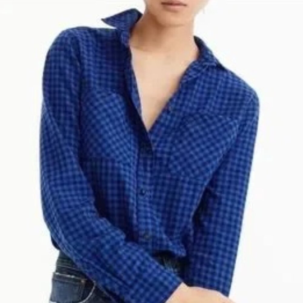 J.Crew Petite Buffalo Check Flannel Shirt Blue Black Button Down 4P